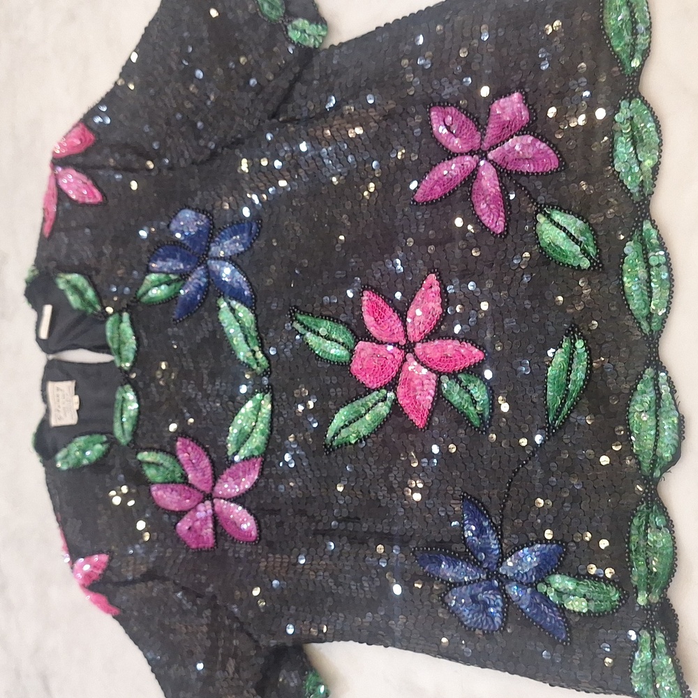 Vintage Stenay 80s Sequin Floral Shoulder Pad 100%‎ Silk Top Blouse Sz Lg Swifty